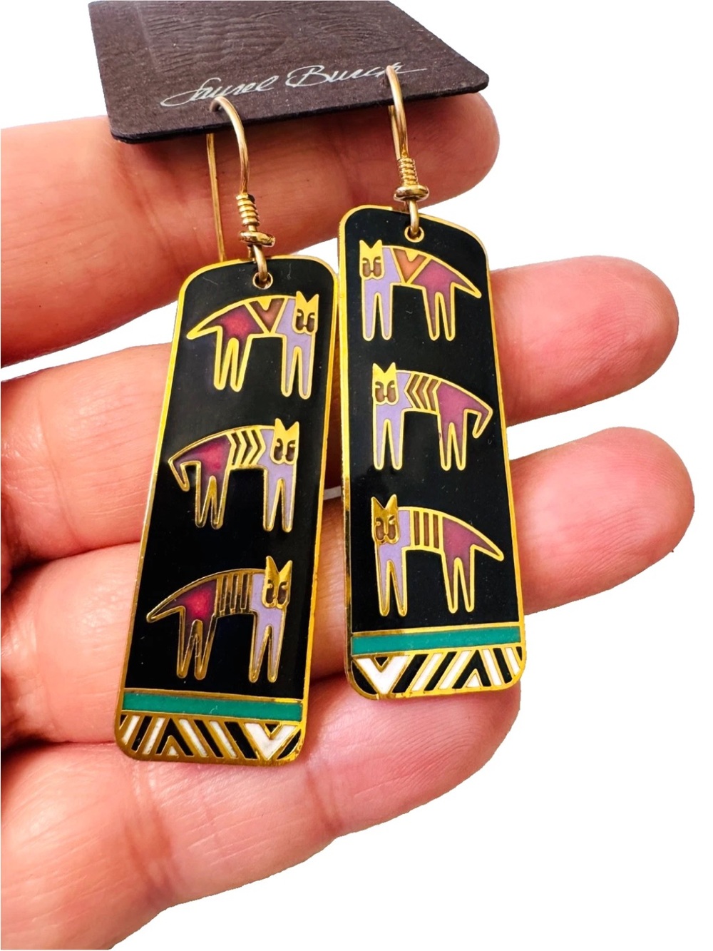 Vintage 1990 Laurel Burch Black HIEROGLYPHIC CATS Pierced Earrings on Orig. Card - Picture 2 of 10